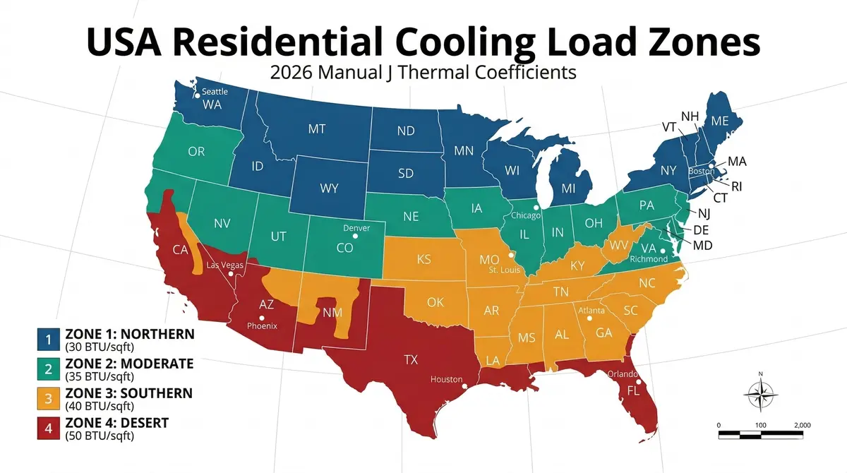 USA HVAC Manual J Climate Zone Map | Residential BTU Heating and Cooling Load Coefficients by Region